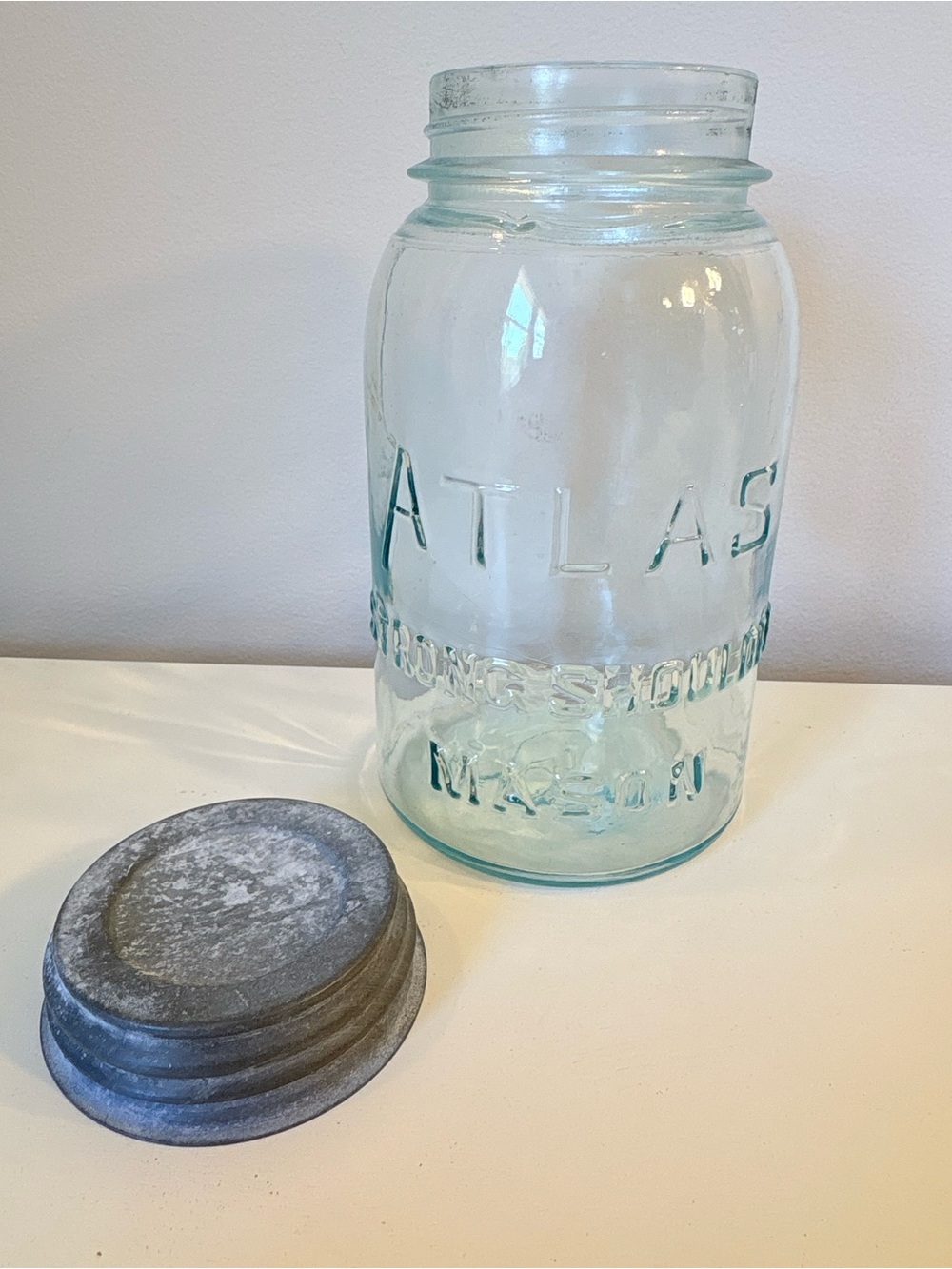 Atlas “strong shoulder” Embossed Blue Glass Mason Jar with Metal Lid